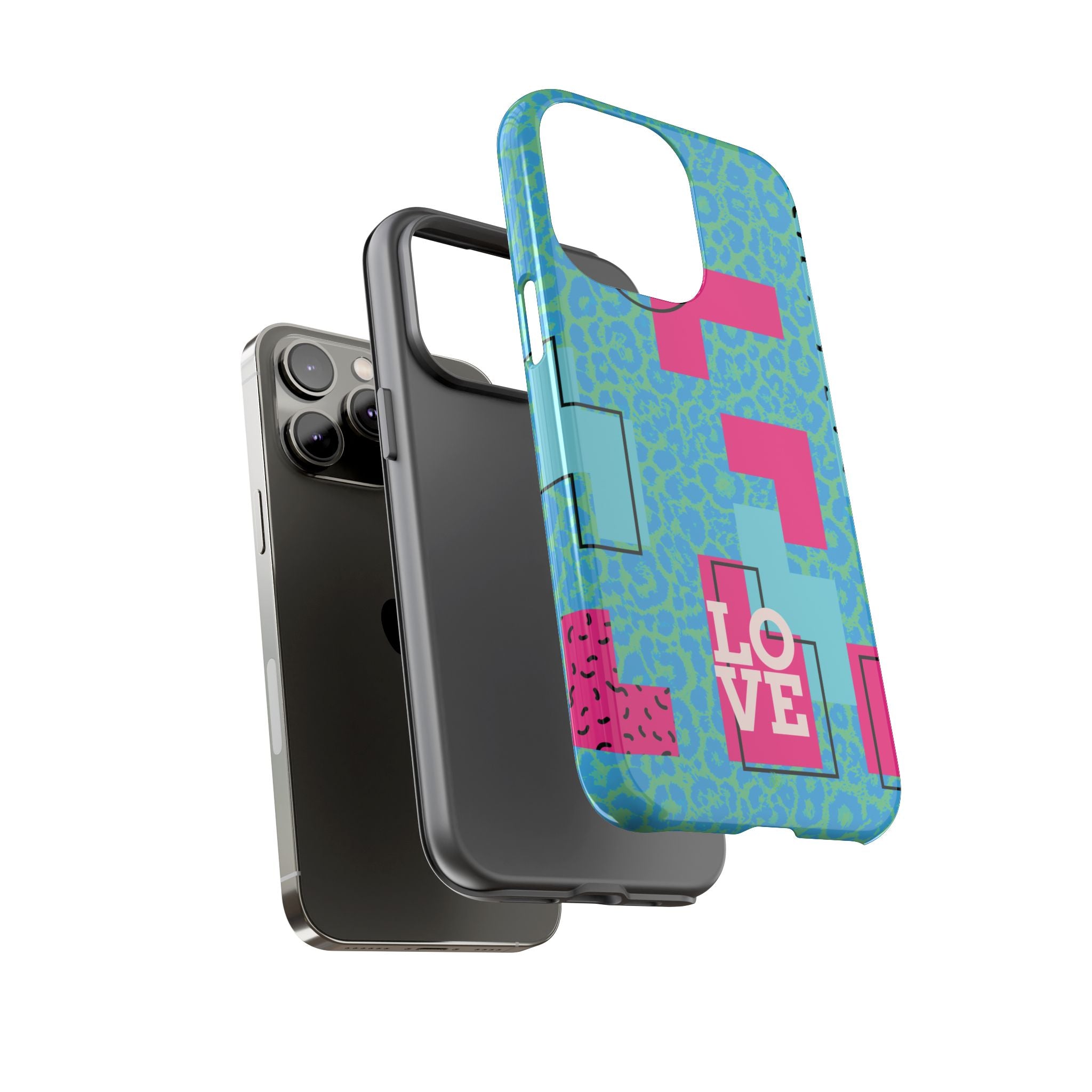 LOVE Aqua Blue Leopard RG Tough Phone Case iPhone, Galaxy, or Google Pixel