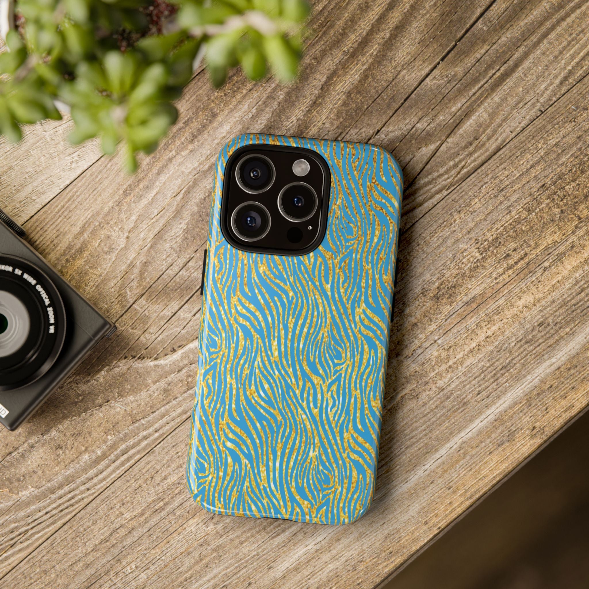 Blue Gold Zebra Tough Case for iPhone, Galaxy, or Google Pixel