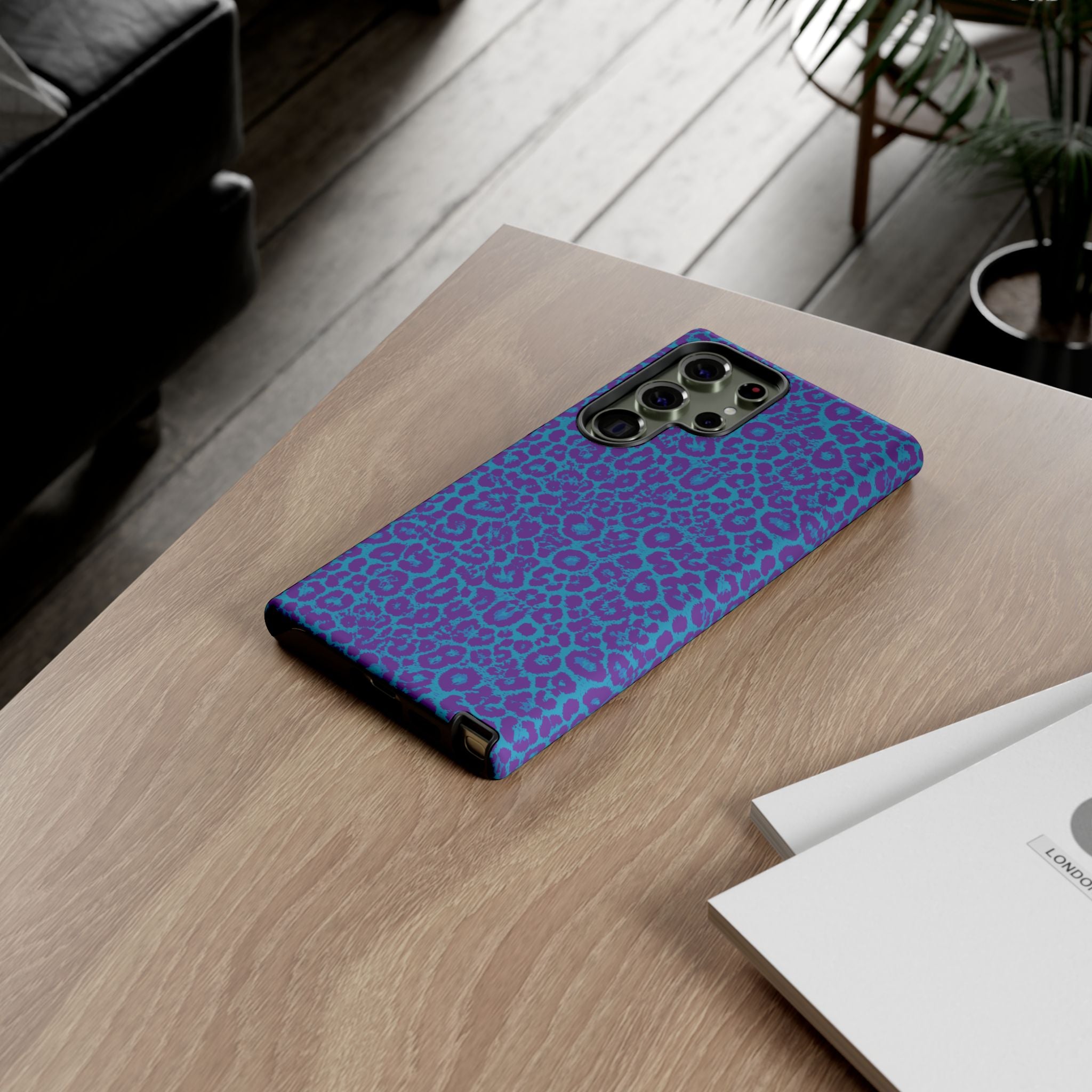 Leopard Printed Purple Blue Tough Phone Case for iPhone, Galaxy, or Google Pixel