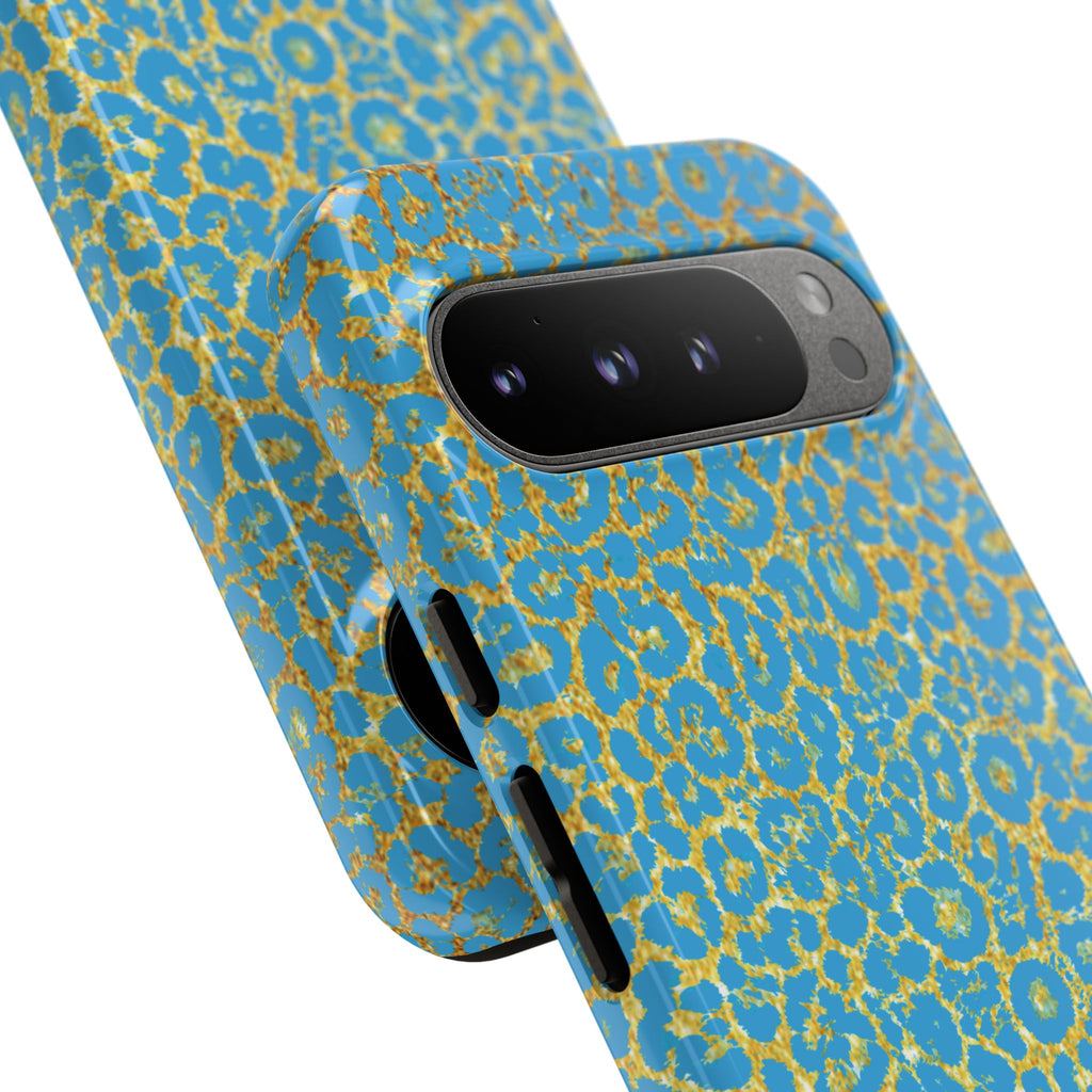 Blue Gold Leopard Tough Phone Case for iPhone, Galaxy, or Google Pixel