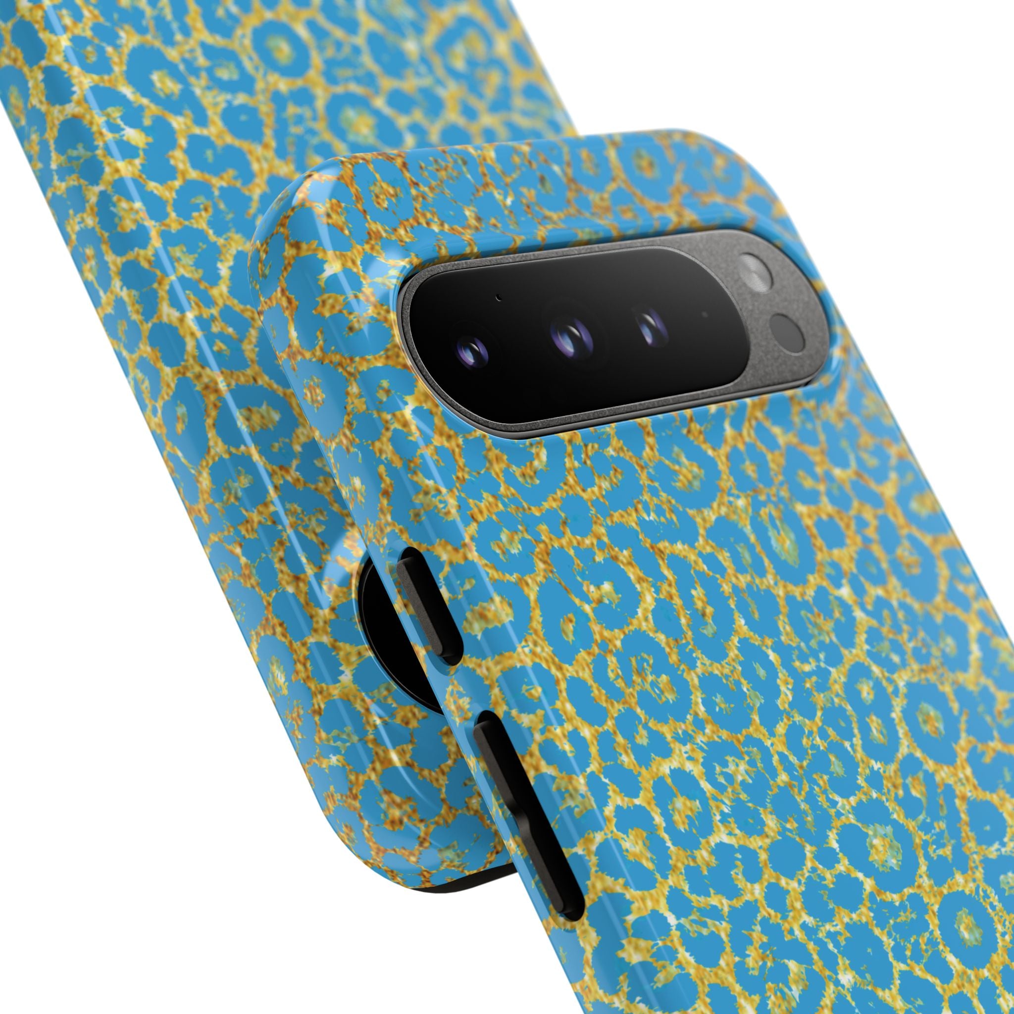 Blue Gold Leopard Tough Phone Case for iPhone, Galaxy, or Google Pixel
