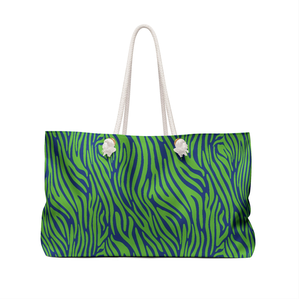 Neon Green Blue Zebra Eco Friendly Weekender Bag, Travel Tote, Beach Bag