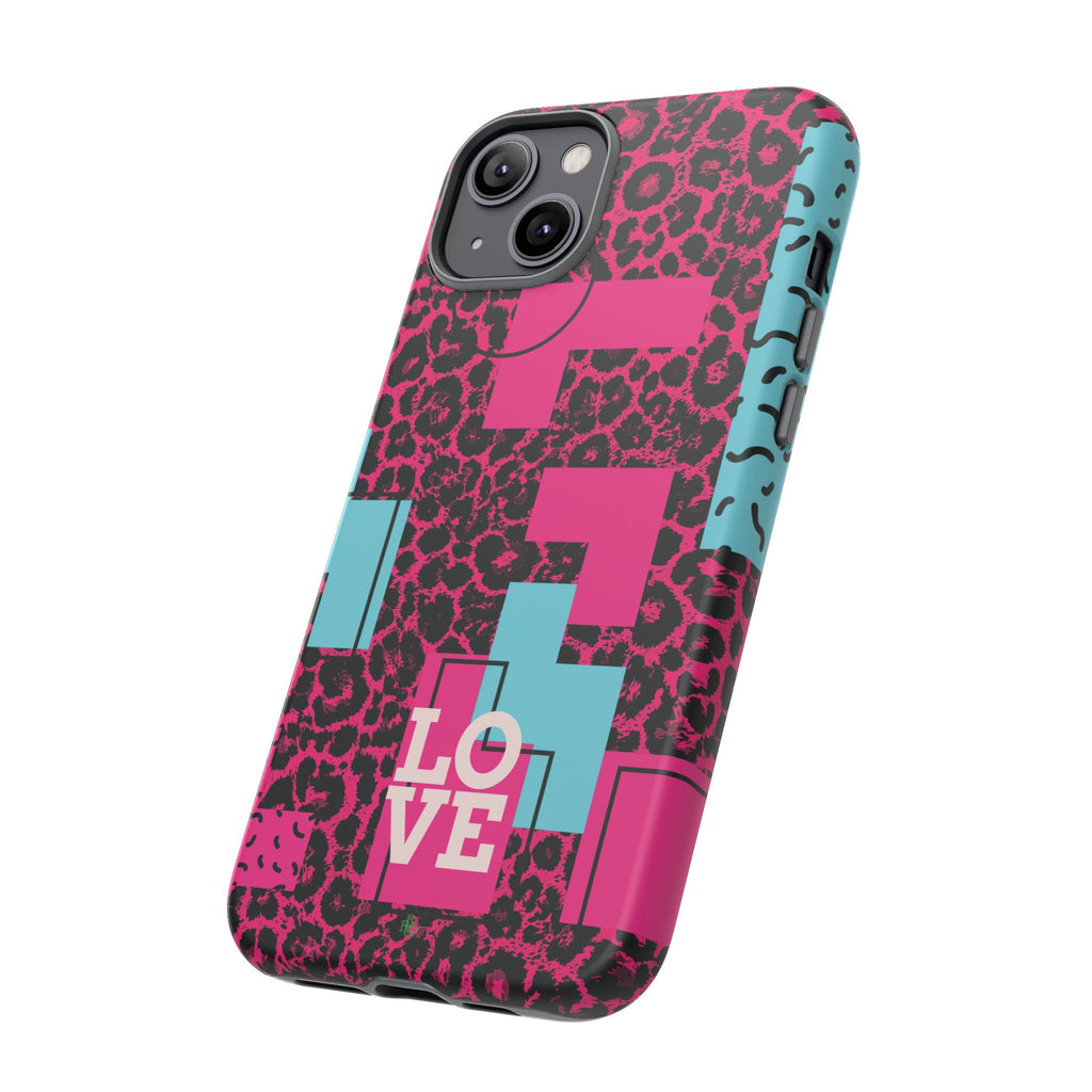 Pink Love Retro Blocks Leopard RG Tough Phone Case for iPhone, Galaxy, or Google Pixel