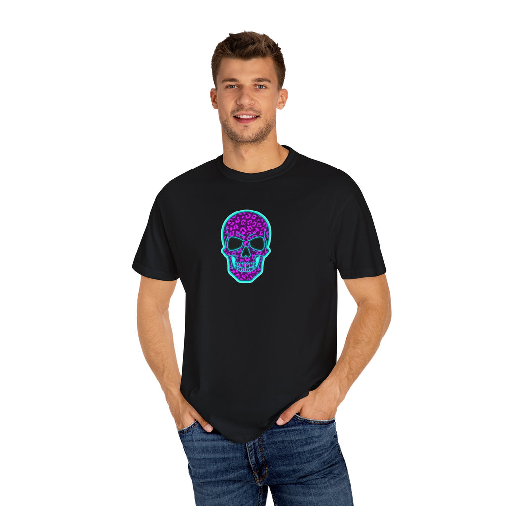 Neon Blue and Purple Leopard Print Skull Unisex Garment-Dyed T-shirt