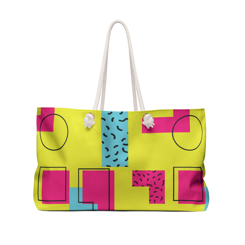 Retro Blocks Neon Yellow Eco-Friendly Weekender Bag, Travel Tote, Beach Bag