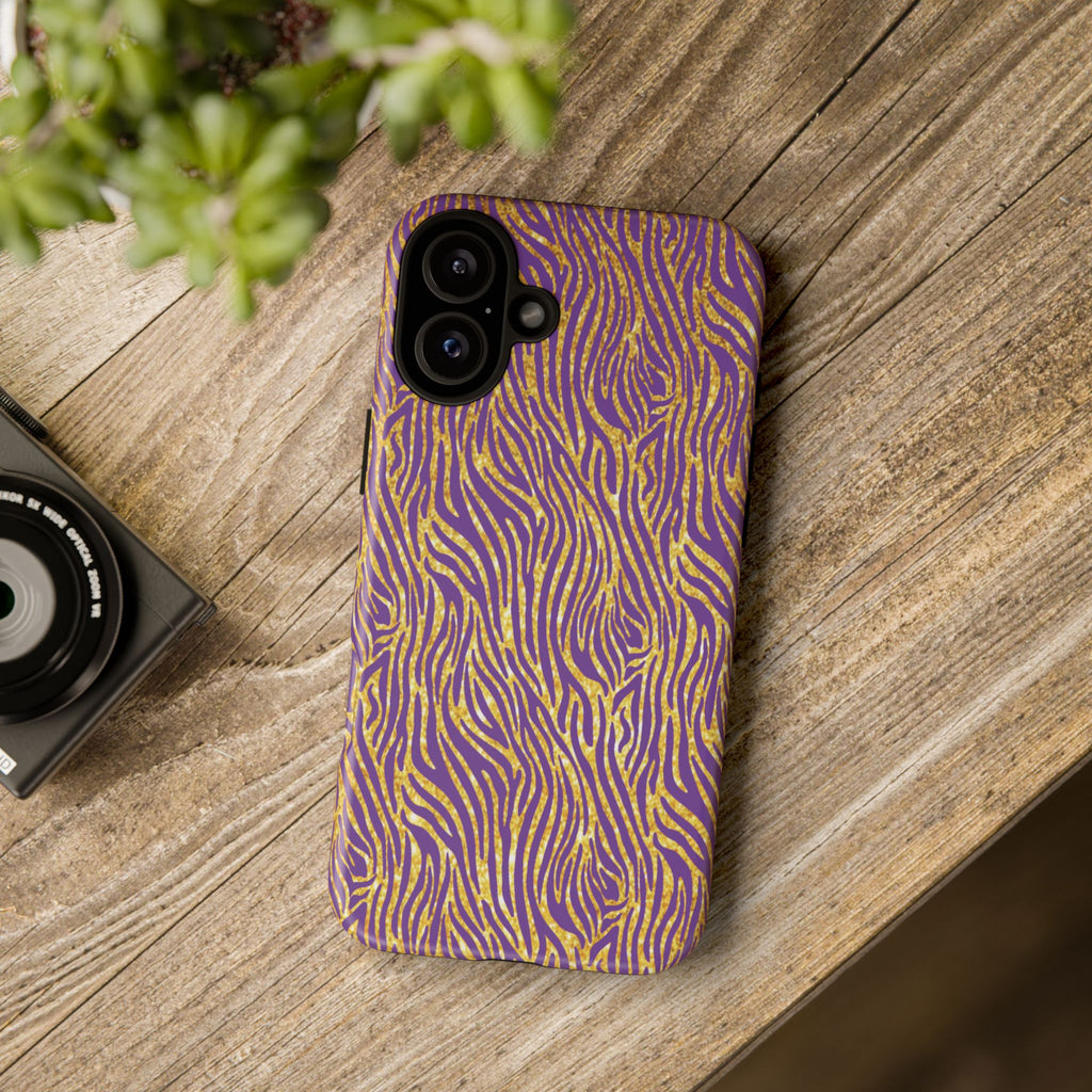Vibrant Purple Gold Zebra Tough Phone Case iPhone, Galaxy, or Google Pixel