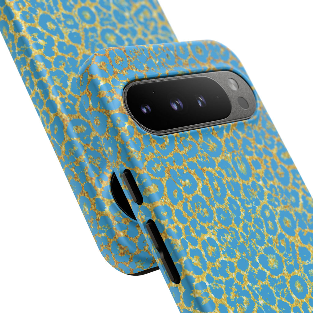 Blue Gold Leopard Tough Phone Case for iPhone, Galaxy, or Google Pixel