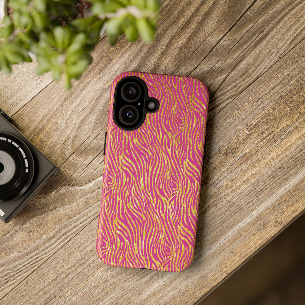 Pink Gold Zebra Print Tough Case for iPhone, Galaxy, or Google Pixel