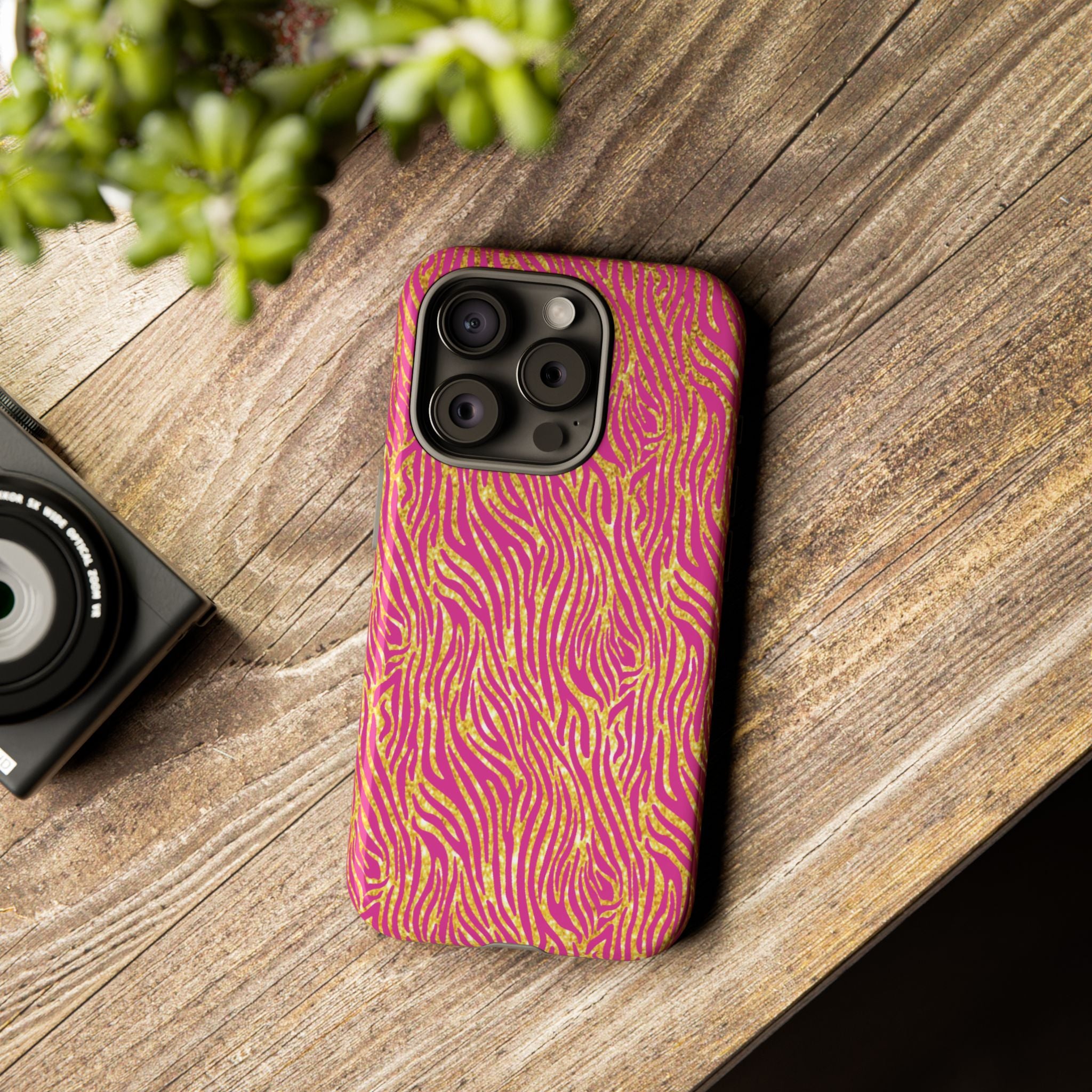 Pink Gold Zebra Print Tough Case for iPhone, Galaxy, or Google Pixel