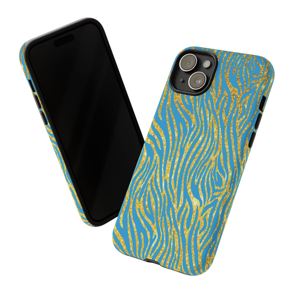 Blue Gold Zebra Tough Case for iPhone, Galaxy, or Google Pixel