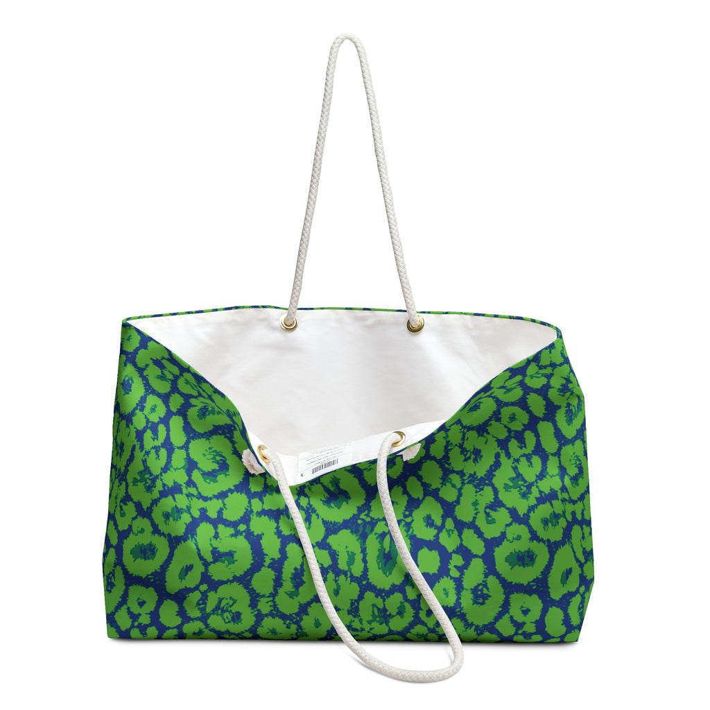 Neon Green Blue Leopard Eco Friendly Weekender Bag, Travel Tote, Beach Bag
