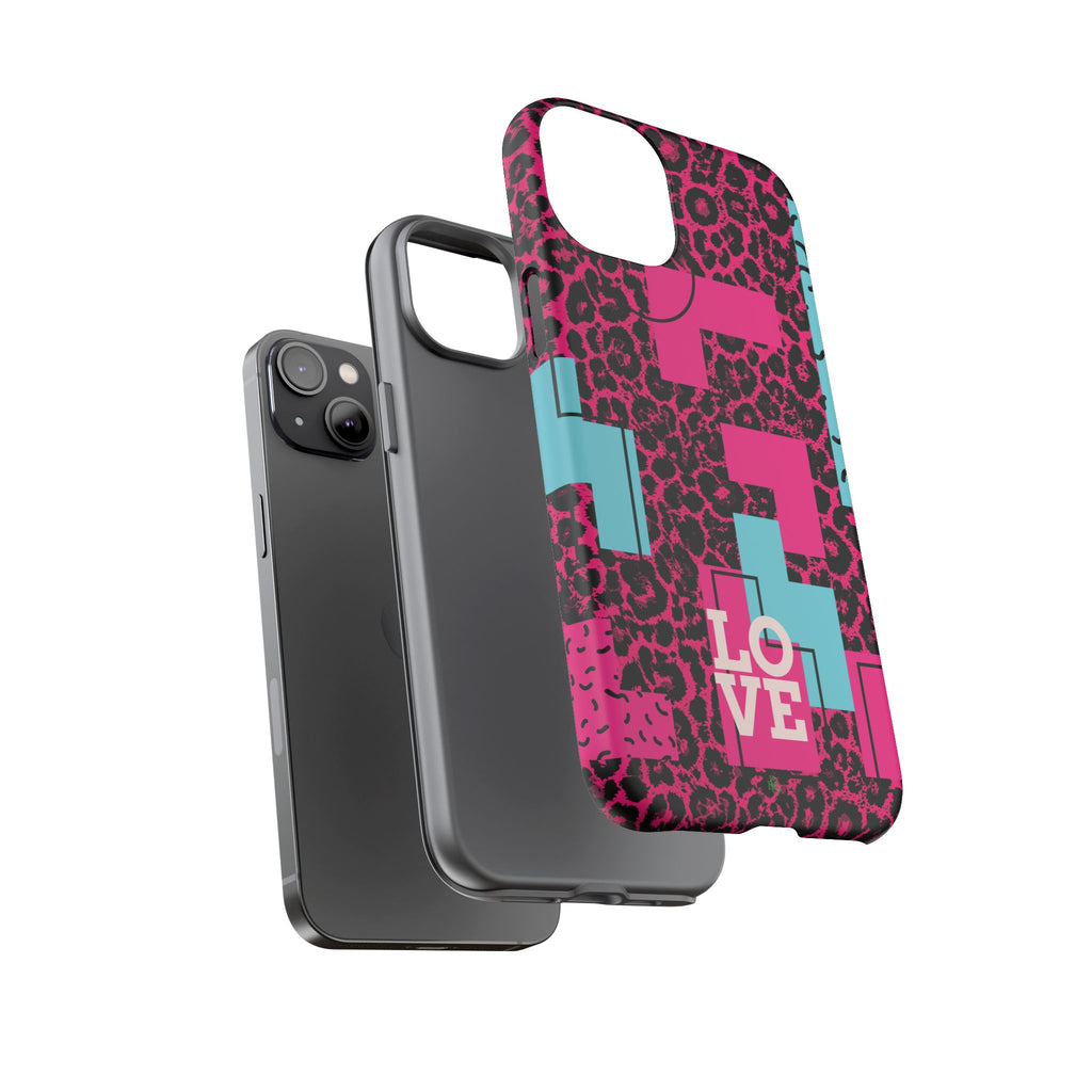 Pink Love Retro Blocks Leopard RG Tough Phone Case for iPhone, Galaxy, or Google Pixel