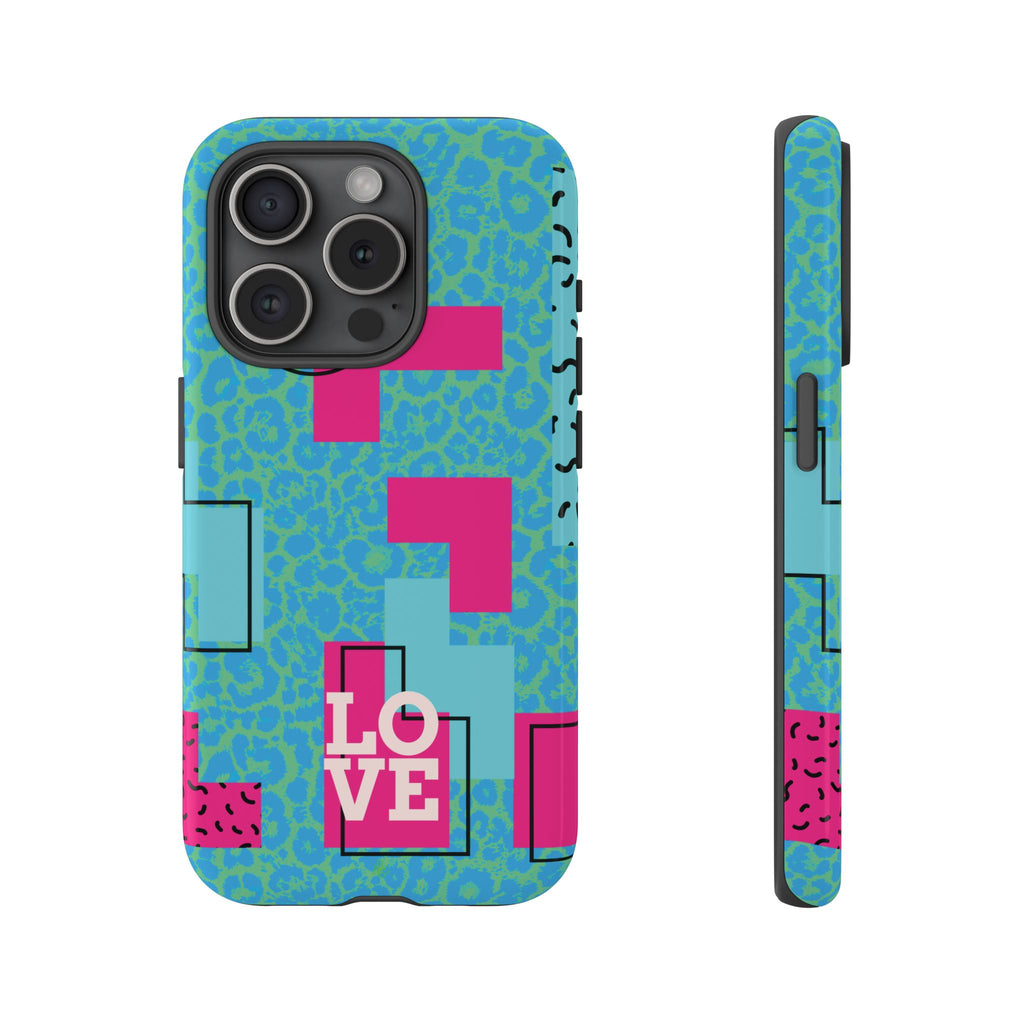 LOVE Aqua Blue Leopard RG Tough Phone Case iPhone, Galaxy, or Google Pixel