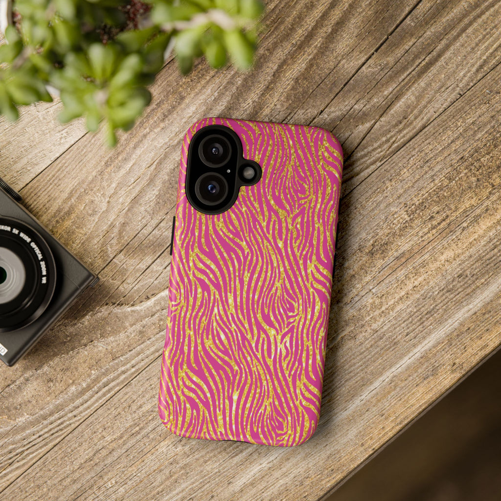 Pink Gold Zebra Print Tough Case for iPhone, Galaxy, or Google Pixel