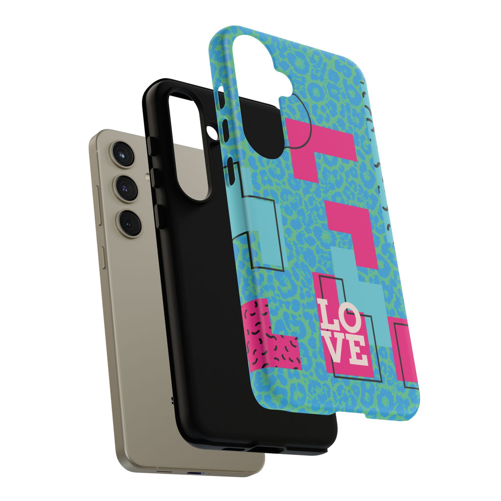 LOVE Aqua Blue Leopard RG Tough Phone Case iPhone, Galaxy, or Google Pixel