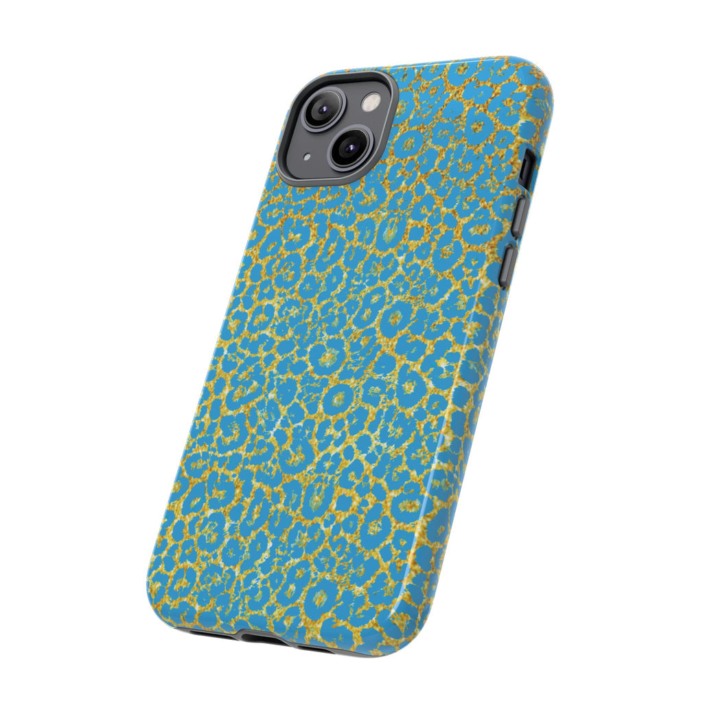 Blue Gold Leopard Tough Phone Case for iPhone, Galaxy, or Google Pixel
