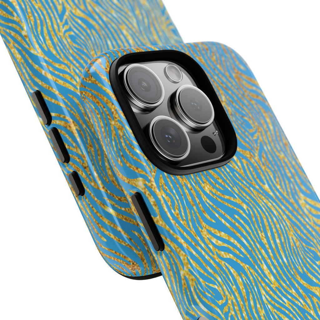 Blue Gold Zebra Tough Case for iPhone, Galaxy, or Google Pixel