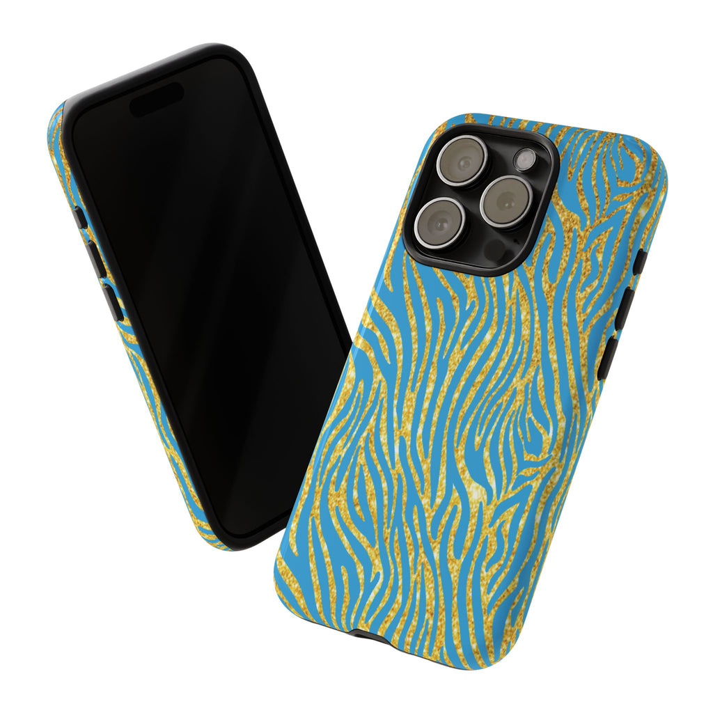 Blue Gold Zebra Tough Case for iPhone, Galaxy, or Google Pixel