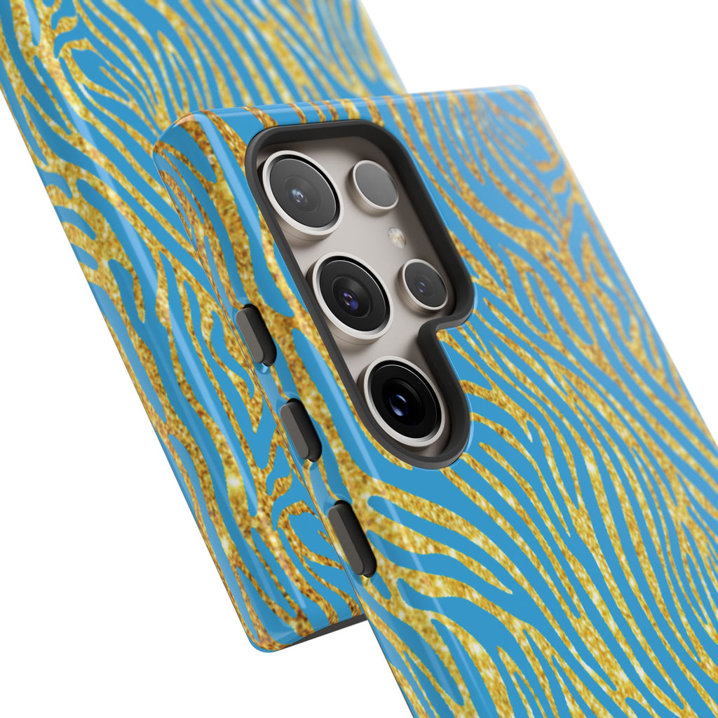 Blue Gold Zebra Tough Case for iPhone, Galaxy, or Google Pixel