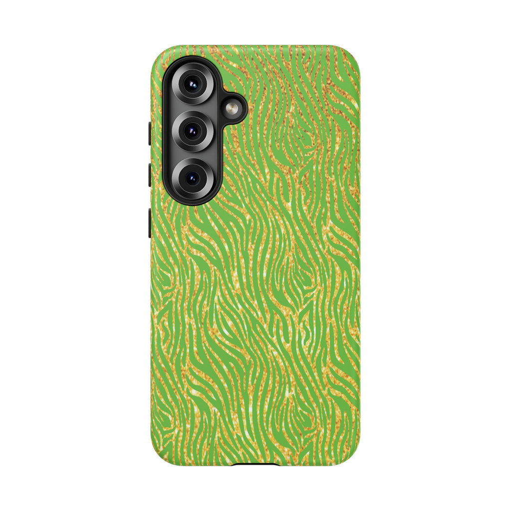 Neon Green Gold Zebra Tough Phone Case for iPhone, Galaxy, or Google Pixel