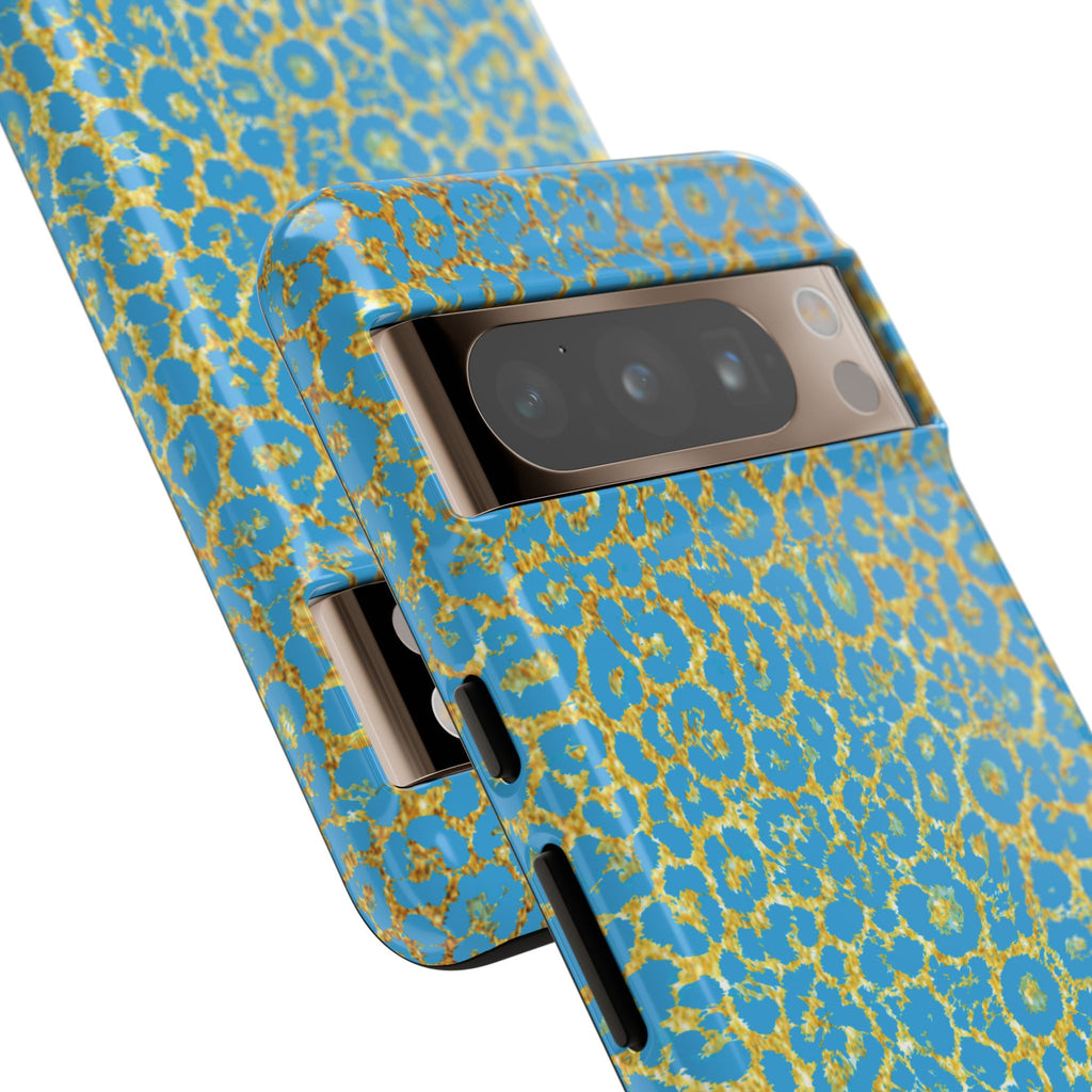 Blue Gold Leopard Tough Phone Case for iPhone, Galaxy, or Google Pixel
