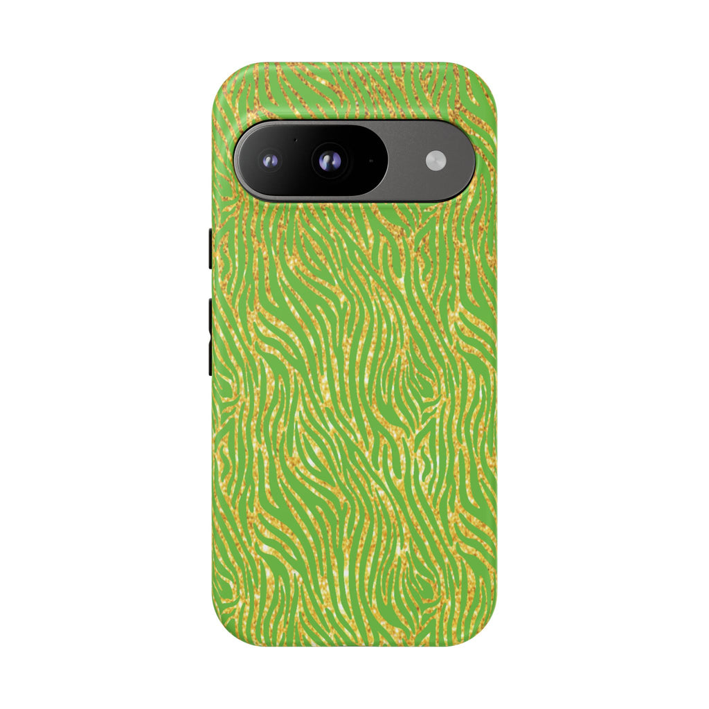 Neon Green Gold Zebra Tough Phone Case for iPhone, Galaxy, or Google Pixel