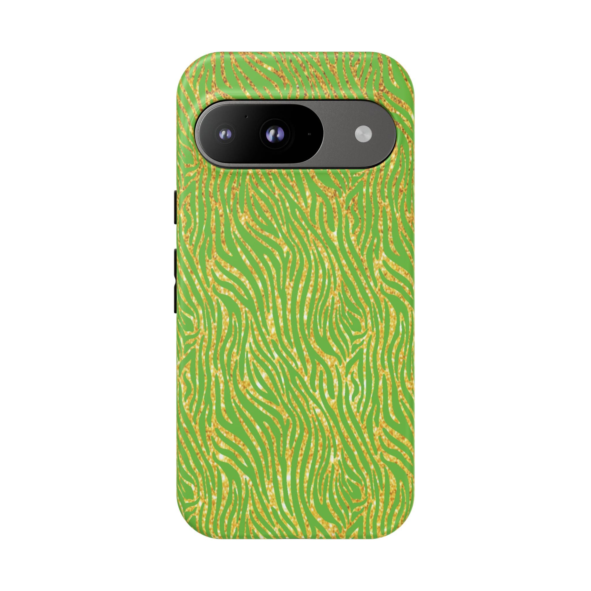 Neon Green Gold Zebra Tough Phone Case for iPhone, Galaxy, or Google Pixel