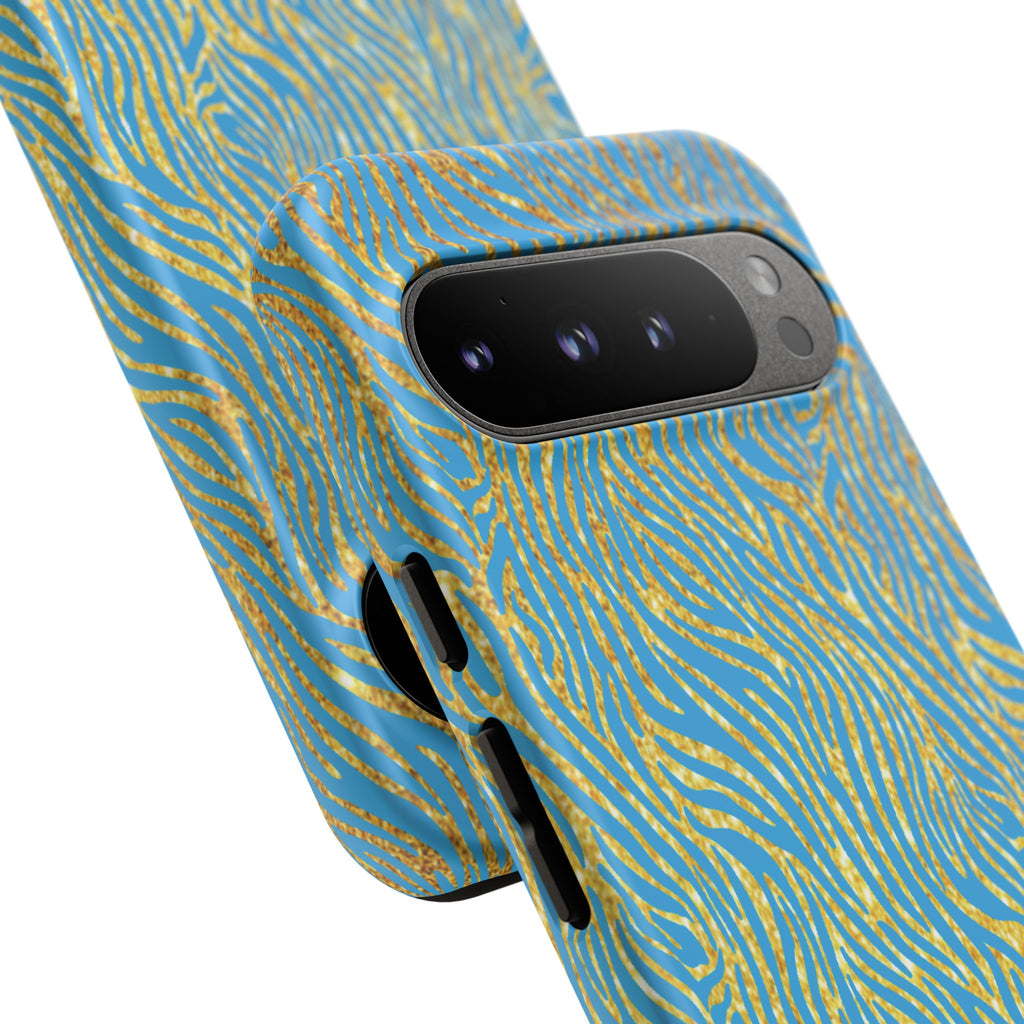 Blue Gold Zebra Tough Case for iPhone, Galaxy, or Google Pixel