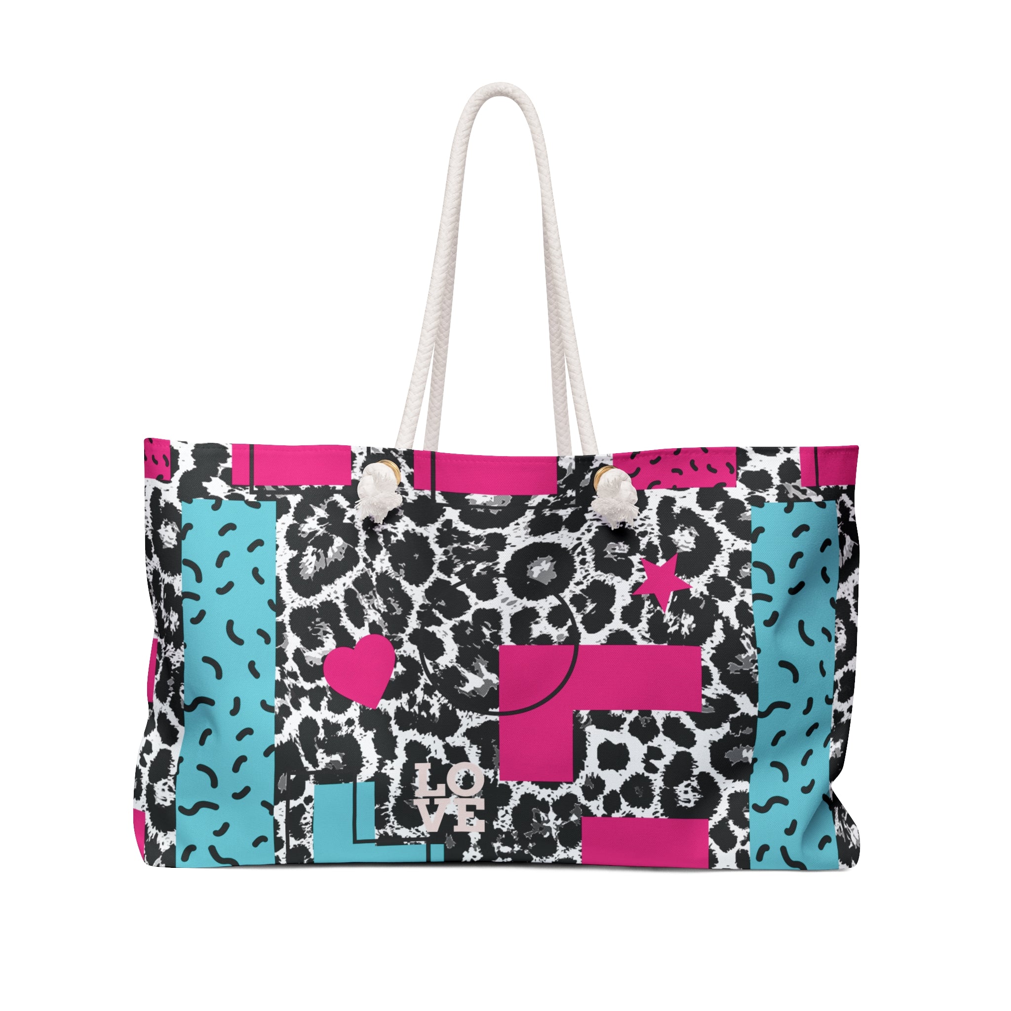 LOVE Retro Blocks Leopard EcoFriendly Weekender Bag, Travel Tote, Beach Bag