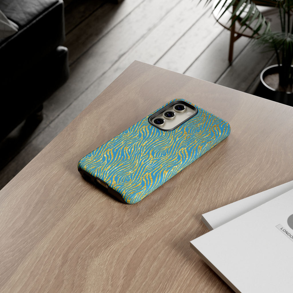Blue Gold Zebra Tough Case for iPhone, Galaxy, or Google Pixel