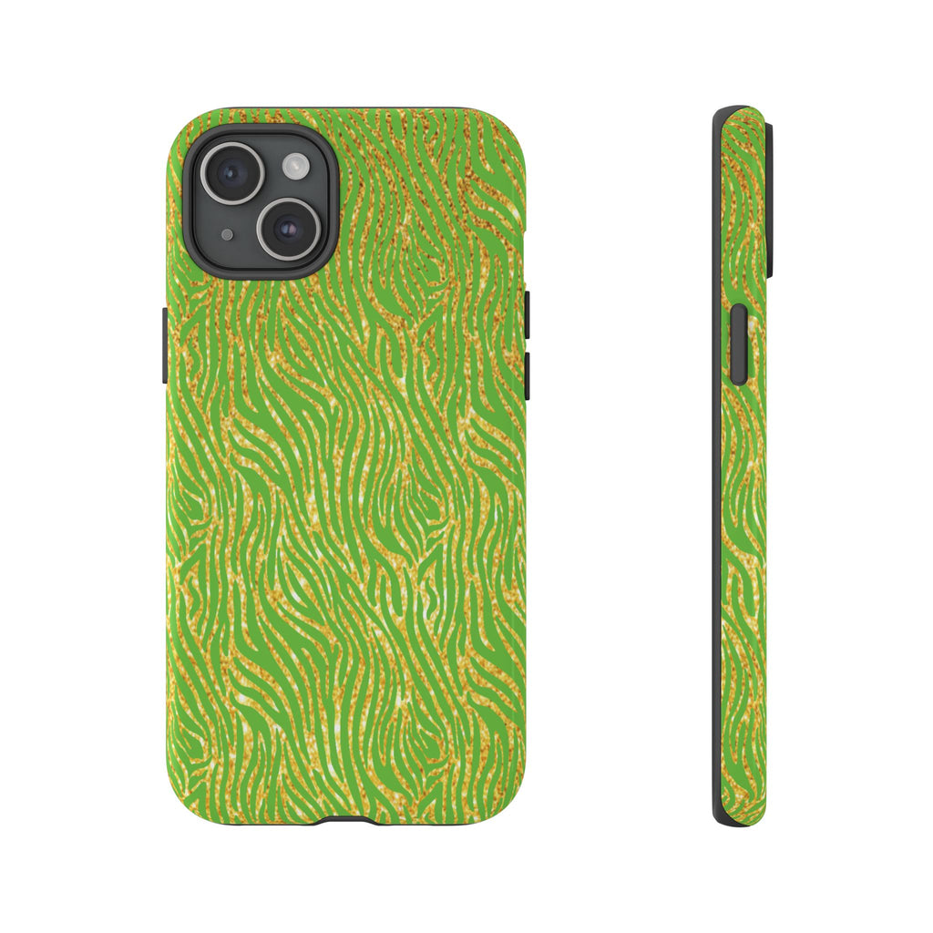 Neon Green Gold Zebra Tough Phone Case for iPhone, Galaxy, or Google Pixel