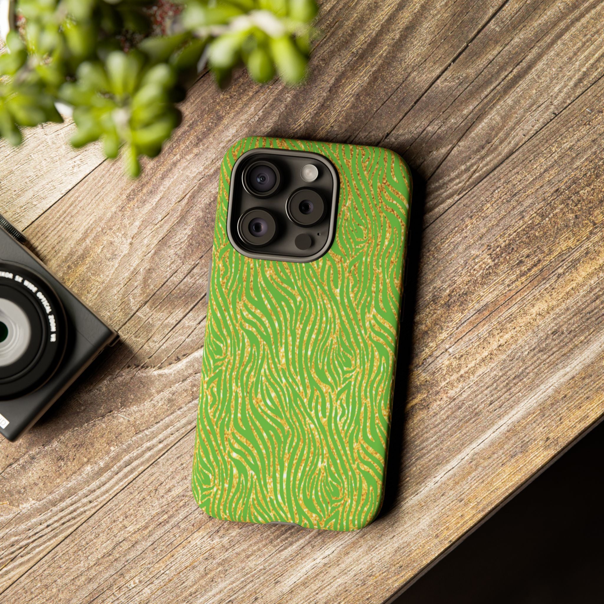 Neon Green Gold Zebra Tough Phone Case for iPhone, Galaxy, or Google Pixel