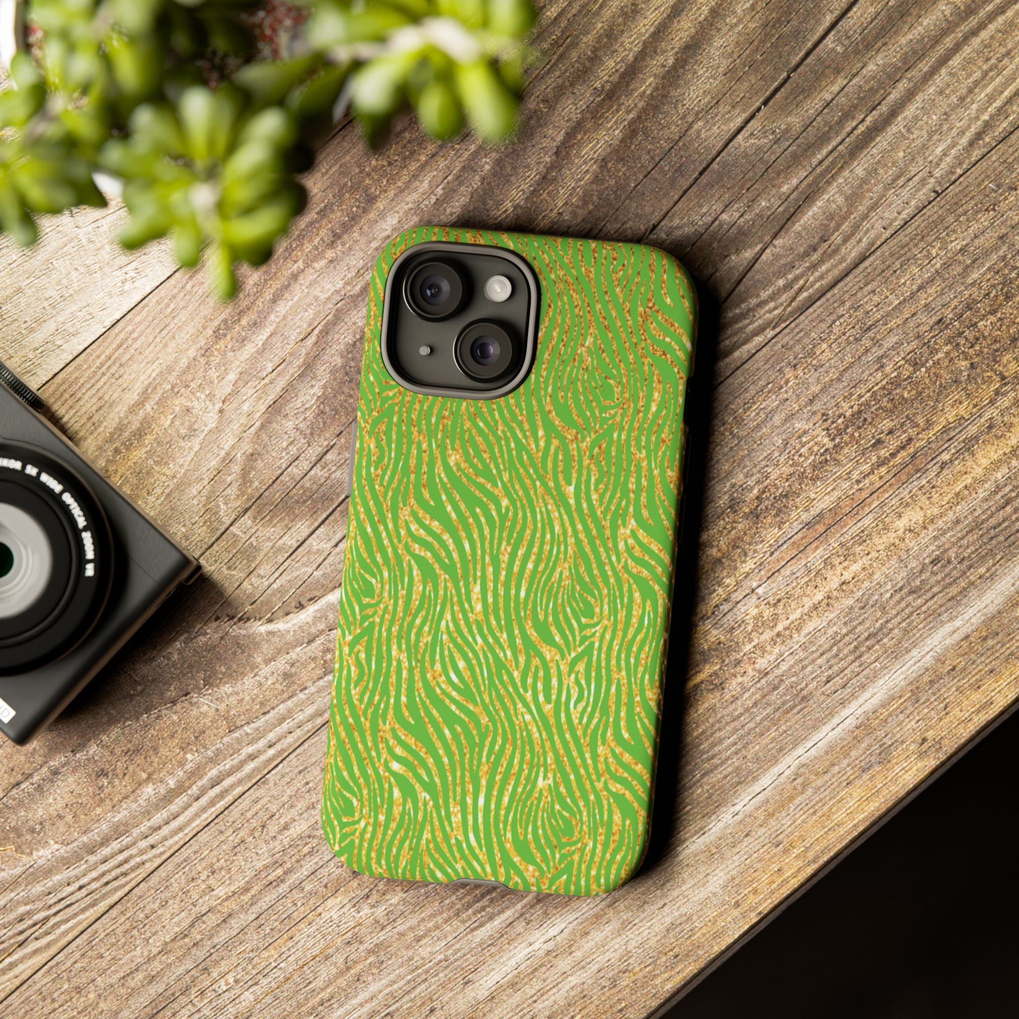 Neon Green Gold Zebra Tough Phone Case for iPhone, Galaxy, or Google Pixel