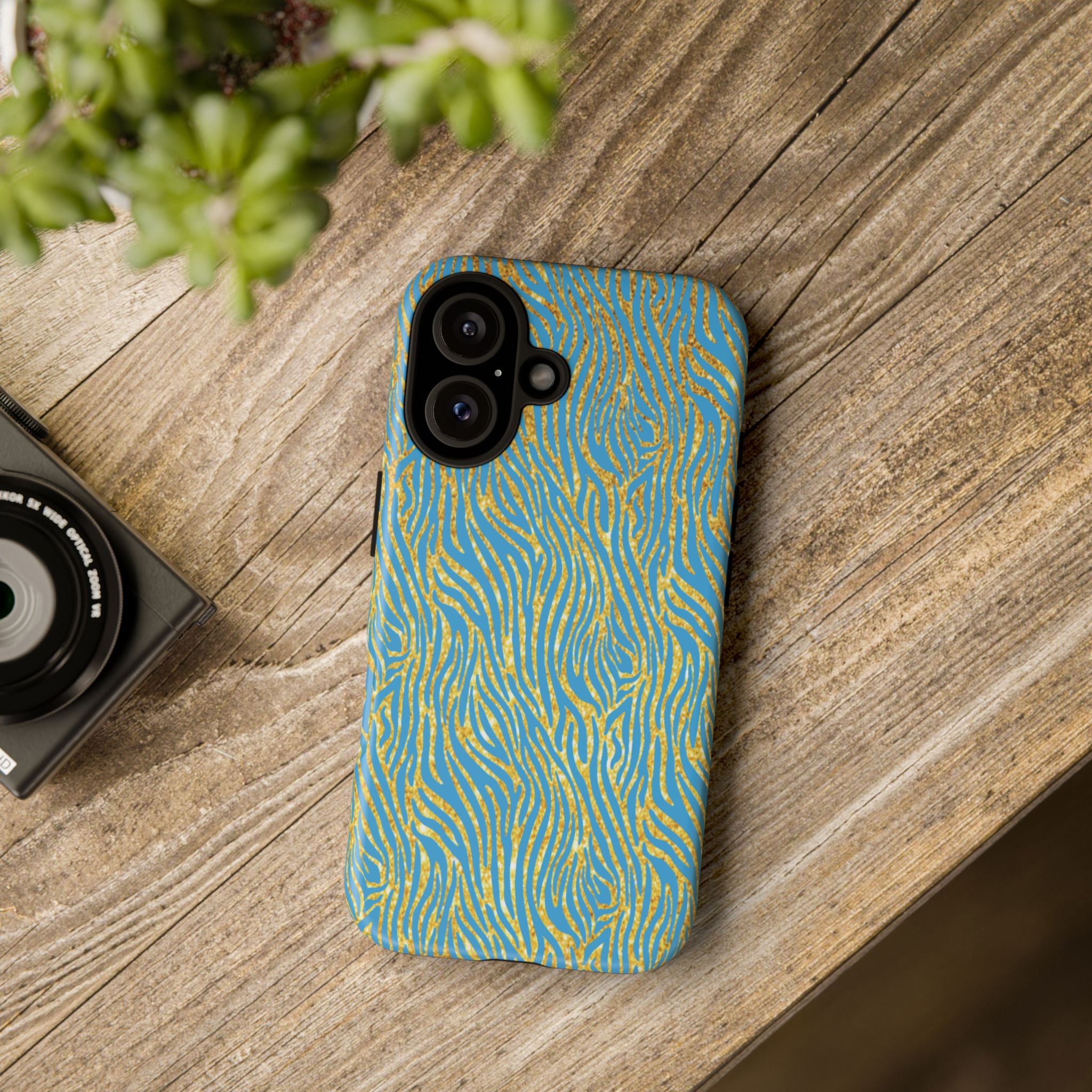 Blue Gold Zebra Tough Case for iPhone, Galaxy, or Google Pixel