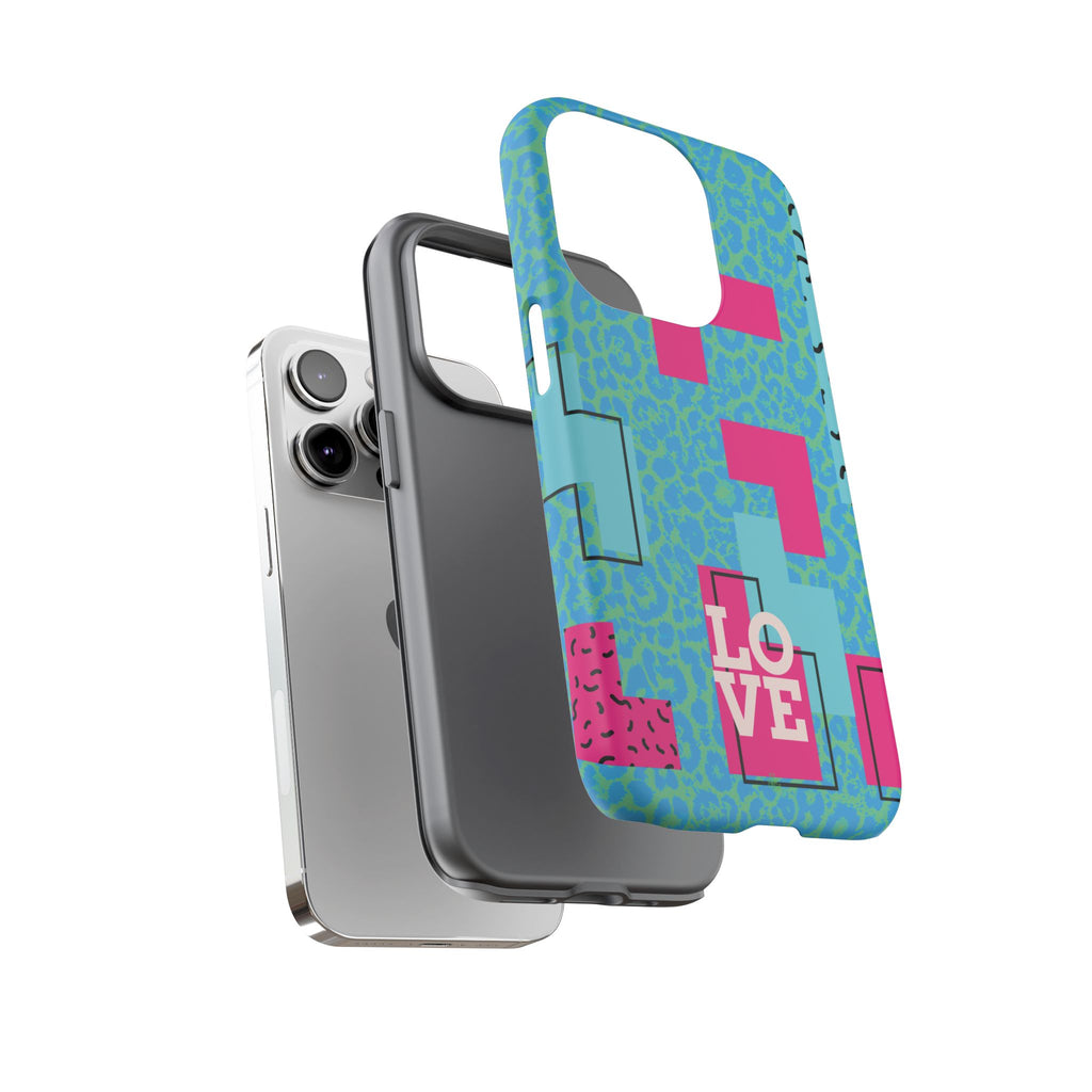 LOVE Aqua Blue Leopard RG Tough Phone Case iPhone, Galaxy, or Google Pixel