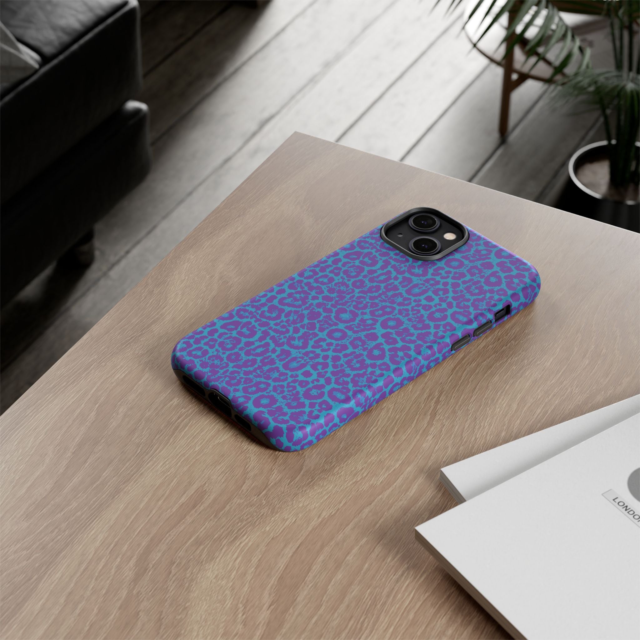 Leopard Printed Purple Blue Tough Phone Case for iPhone, Galaxy, or Google Pixel