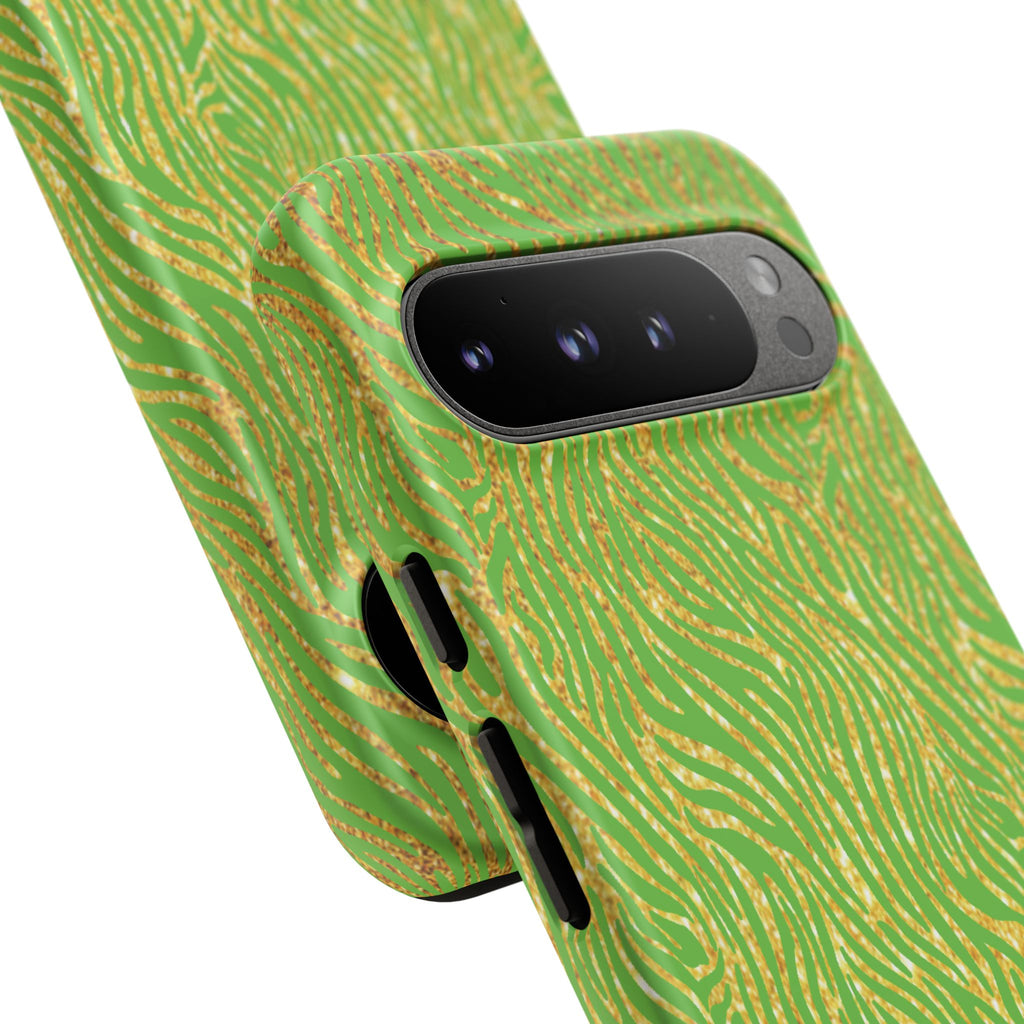 Neon Green Gold Zebra Tough Phone Case for iPhone, Galaxy, or Google Pixel