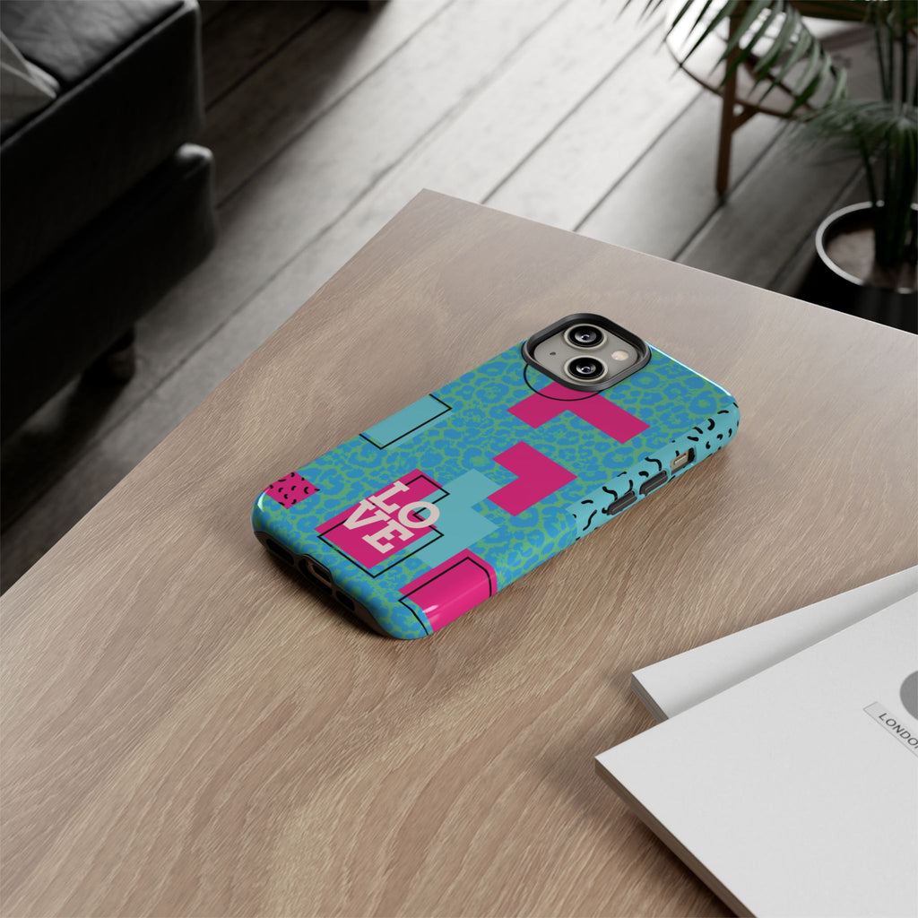 LOVE Aqua Blue Leopard RG Tough Phone Case iPhone, Galaxy, or Google Pixel