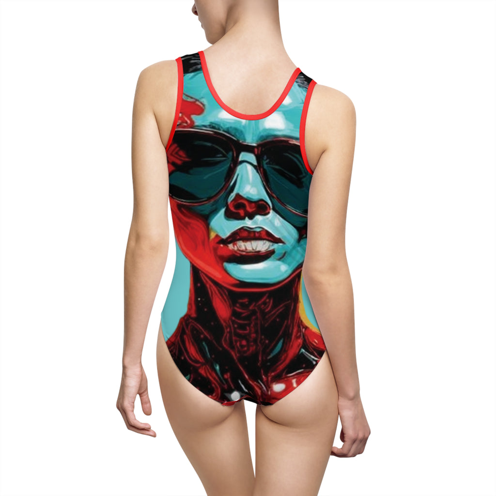 Bold Pop-Art Sunglasses Portrait Swimsuit — Women's One-Piece
