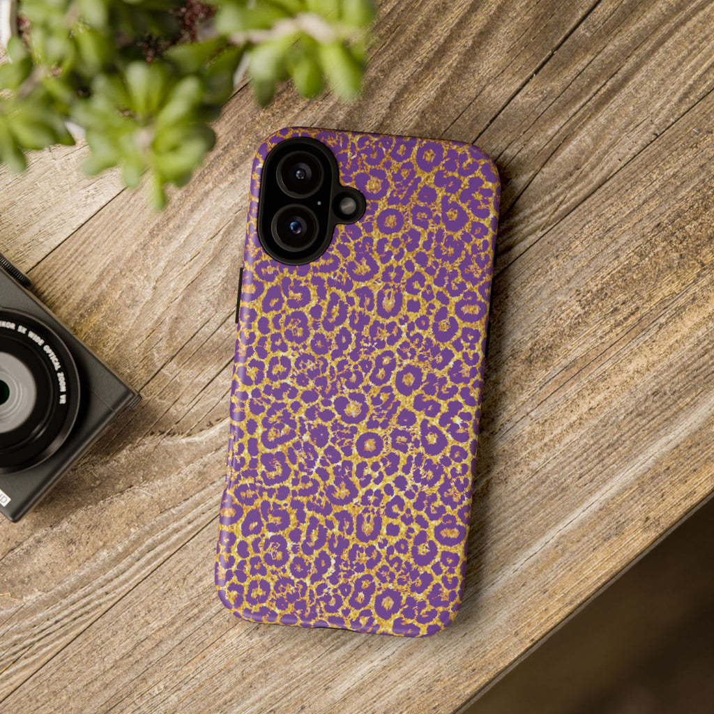 Purple Gold Leopard Tough Phone Case for iPhone, Galaxy, or Google Pixel