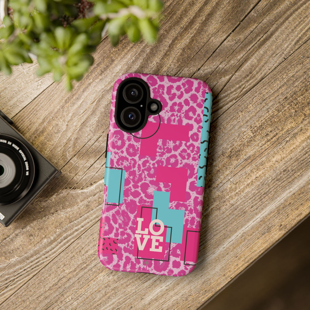 Retro Love Pink Leopard RG Tough Phone Case for iPhone, Galaxy, or Google Pixel
