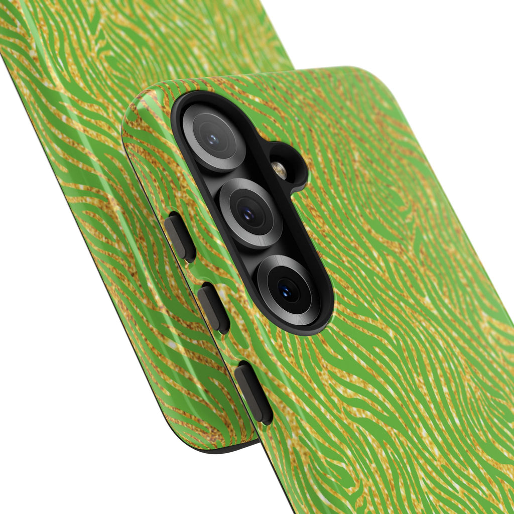 Neon Green Gold Zebra Tough Phone Case for iPhone, Galaxy, or Google Pixel