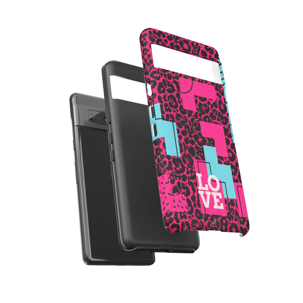 Pink Love Retro Blocks Leopard RG Tough Phone Case for iPhone, Galaxy, or Google Pixel