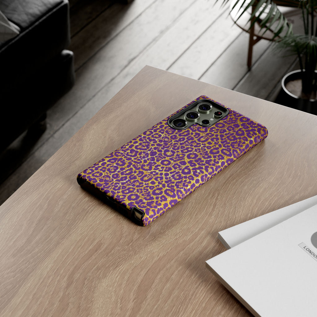 Purple Gold Leopard Tough Phone Case for iPhone, Galaxy, or Google Pixel