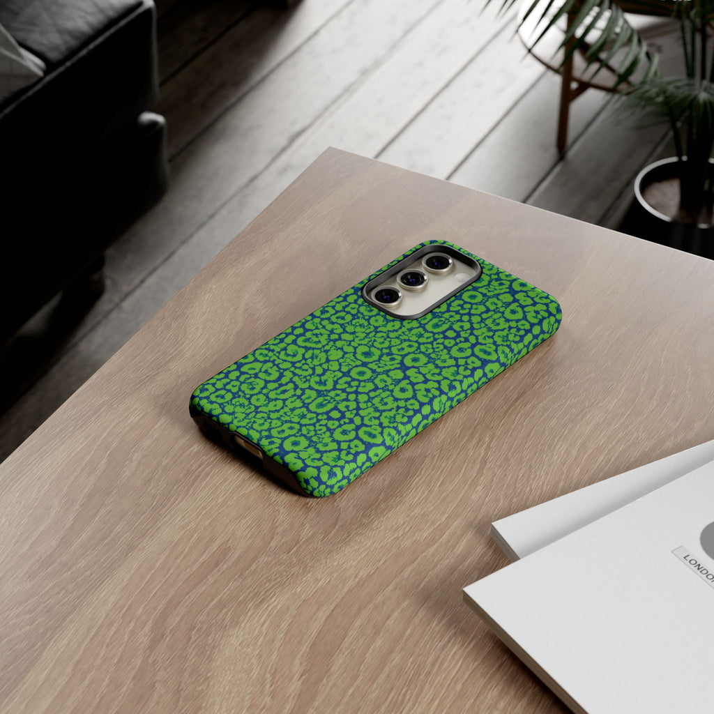 Blue Neon Green  Leopard Tough Phone Case for iPhone, Galaxy, or Google Pixel