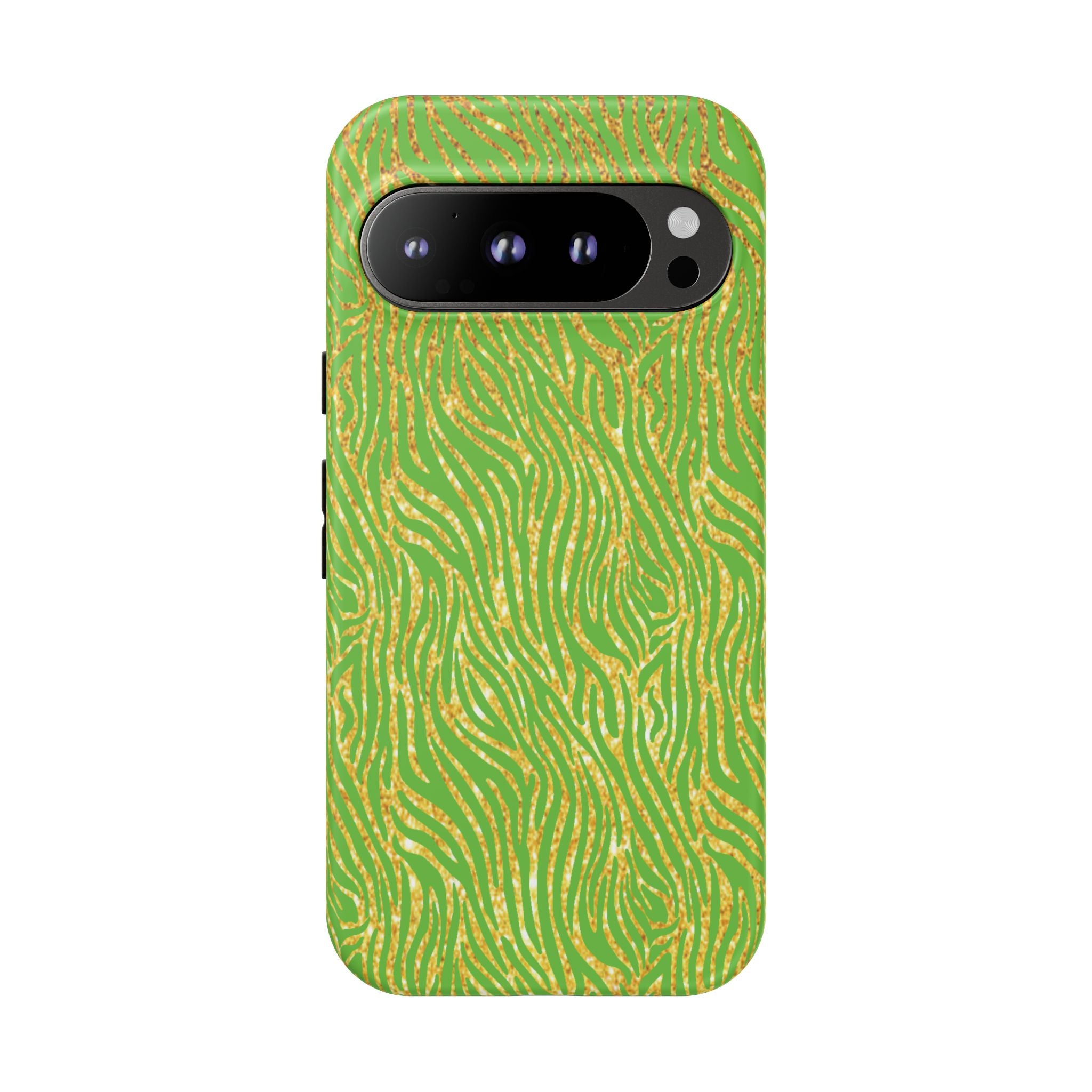 Neon Green Gold Zebra Tough Phone Case for iPhone, Galaxy, or Google Pixel