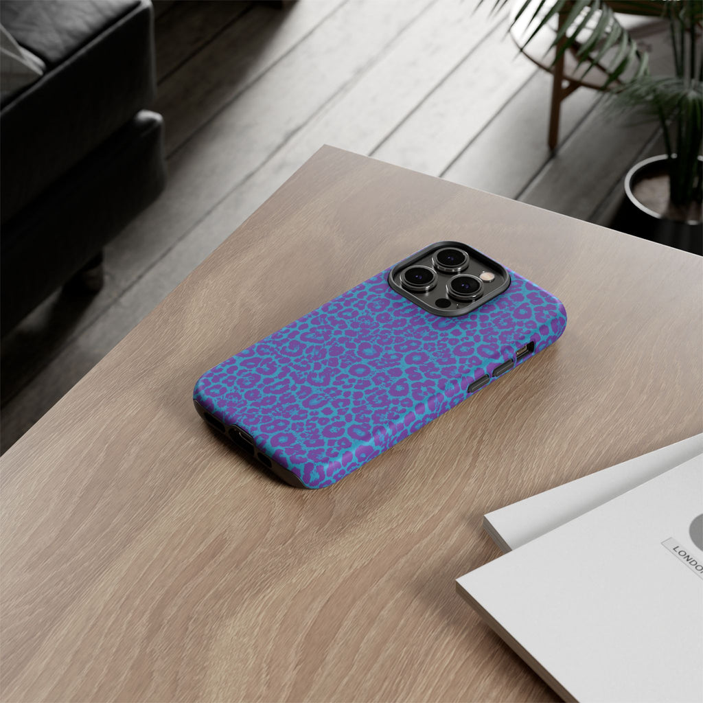 Leopard Printed Purple Blue Tough Phone Case for iPhone, Galaxy, or Google Pixel