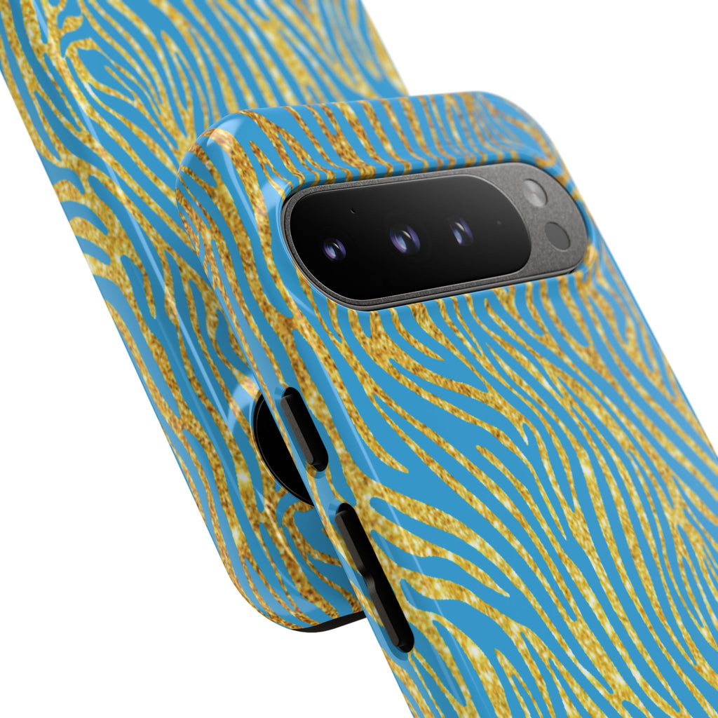 Blue Gold Zebra Tough Case for iPhone, Galaxy, or Google Pixel
