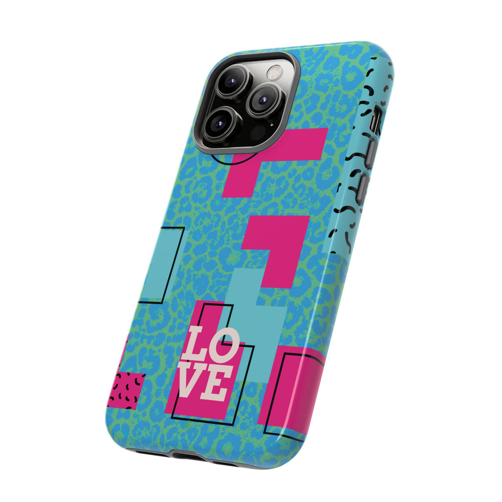 LOVE Aqua Blue Leopard RG Tough Phone Case iPhone, Galaxy, or Google Pixel