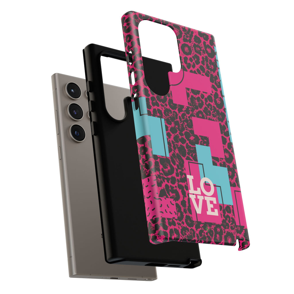 Pink Love Retro Blocks Leopard RG Tough Phone Case for iPhone, Galaxy, or Google Pixel